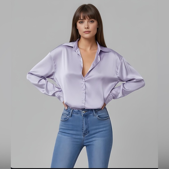 Lilac Satin Button Up Blouse - Picture 2 of 8